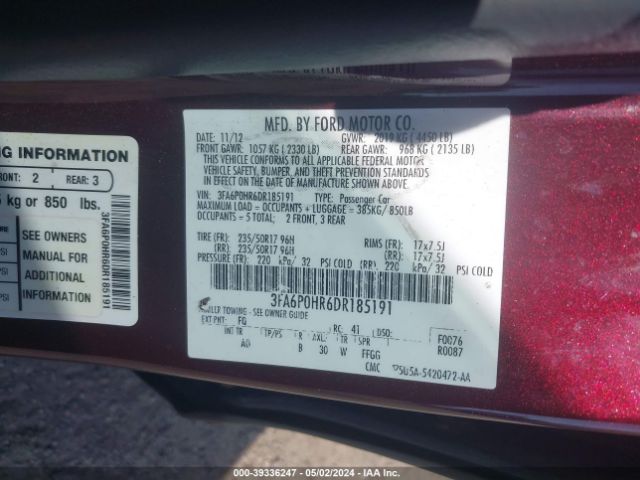 Photo 8 VIN: 3FA6P0HR6DR185191 - FORD FUSION 