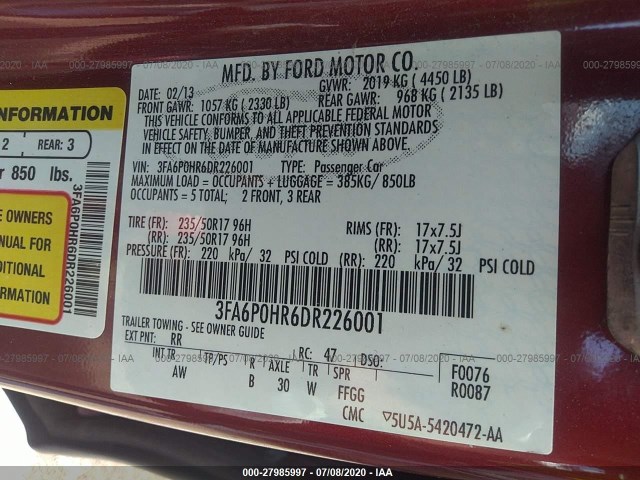 Photo 8 VIN: 3FA6P0HR6DR226001 - FORD FUSION 