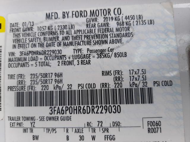 Photo 9 VIN: 3FA6P0HR6DR229030 - FORD FUSION SE 