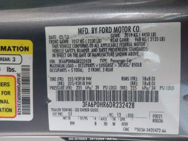 Photo 8 VIN: 3FA6P0HR6DR232428 - FORD FUSION 