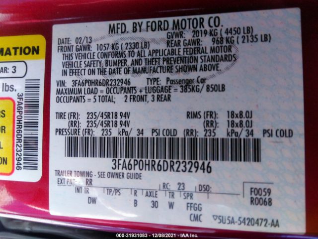 Photo 8 VIN: 3FA6P0HR6DR232946 - FORD FUSION 