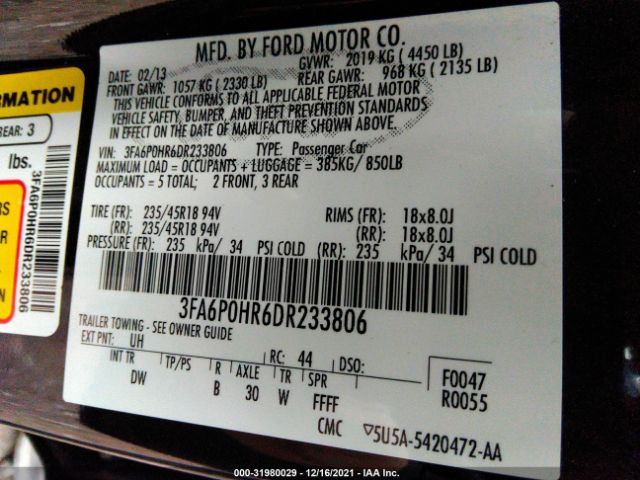 Photo 8 VIN: 3FA6P0HR6DR233806 - FORD FUSION 