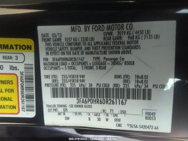 Photo 8 VIN: 3FA6P0HR6DR261167 - FORD FUSION 