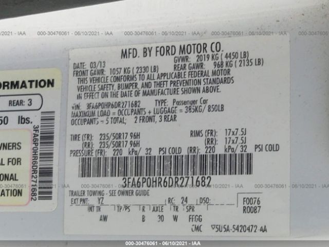 Photo 8 VIN: 3FA6P0HR6DR271682 - FORD FUSION 