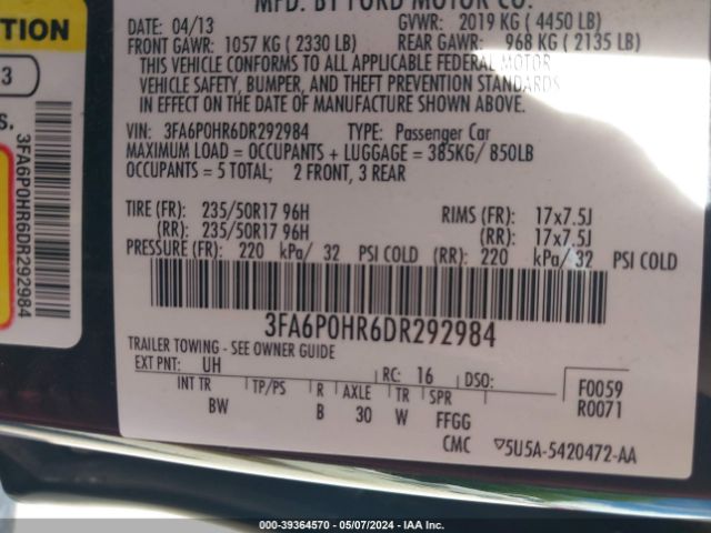 Photo 8 VIN: 3FA6P0HR6DR292984 - FORD FUSION 