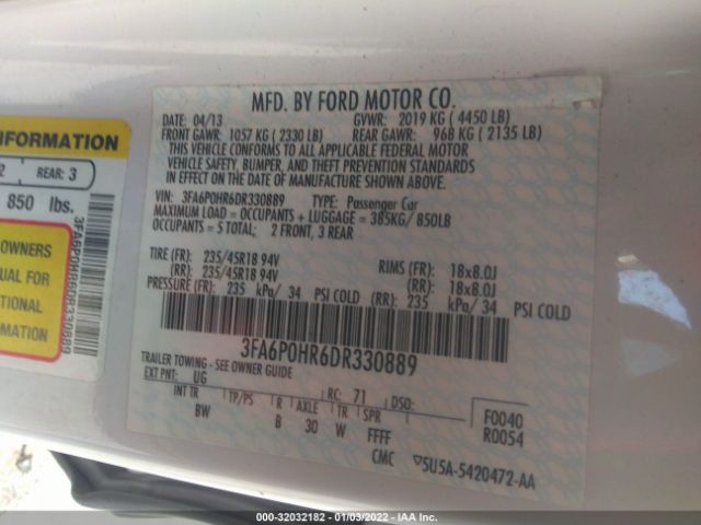 Photo 8 VIN: 3FA6P0HR6DR330889 - FORD FUSION 