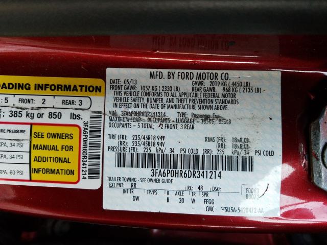 Photo 9 VIN: 3FA6P0HR6DR341214 - FORD FUSION SE 