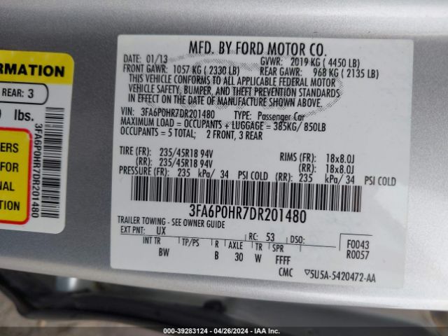 Photo 8 VIN: 3FA6P0HR7DR201480 - FORD FUSION 