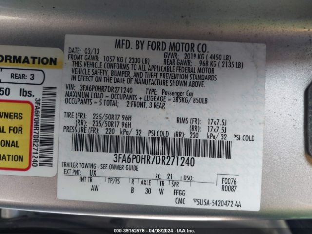 Photo 8 VIN: 3FA6P0HR7DR271240 - FORD FUSION 