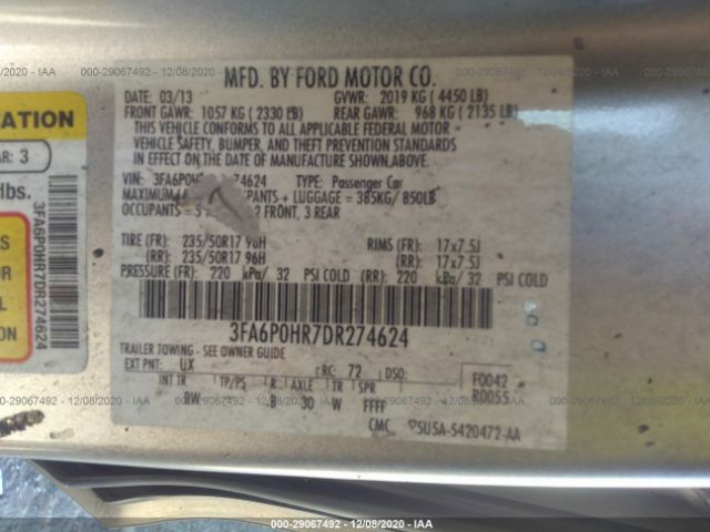 Photo 8 VIN: 3FA6P0HR7DR274624 - FORD FUSION 