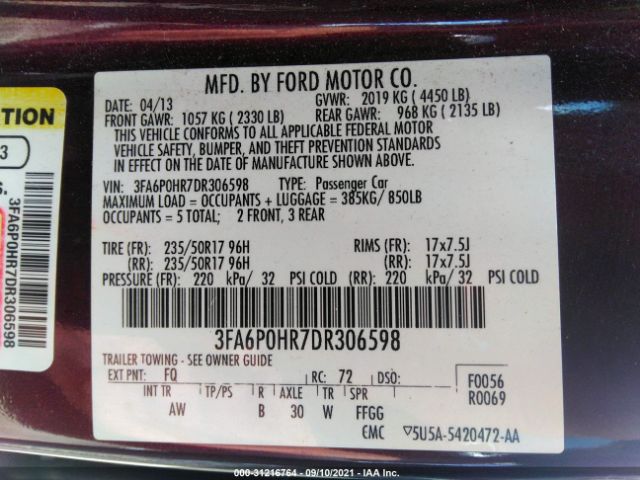 Photo 8 VIN: 3FA6P0HR7DR306598 - FORD FUSION 