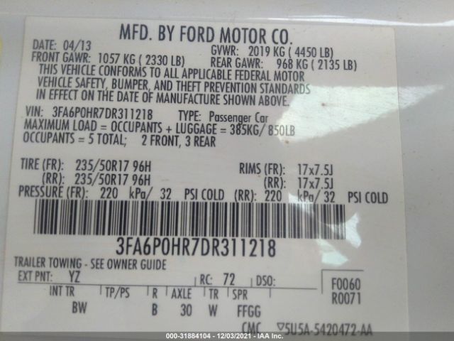 Photo 8 VIN: 3FA6P0HR7DR311218 - FORD FUSION 