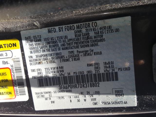 Photo 9 VIN: 3FA6P0HR7DR318802 - FORD FUSION SE 