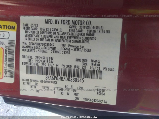 Photo 8 VIN: 3FA6P0HR7DR330545 - FORD FUSION 