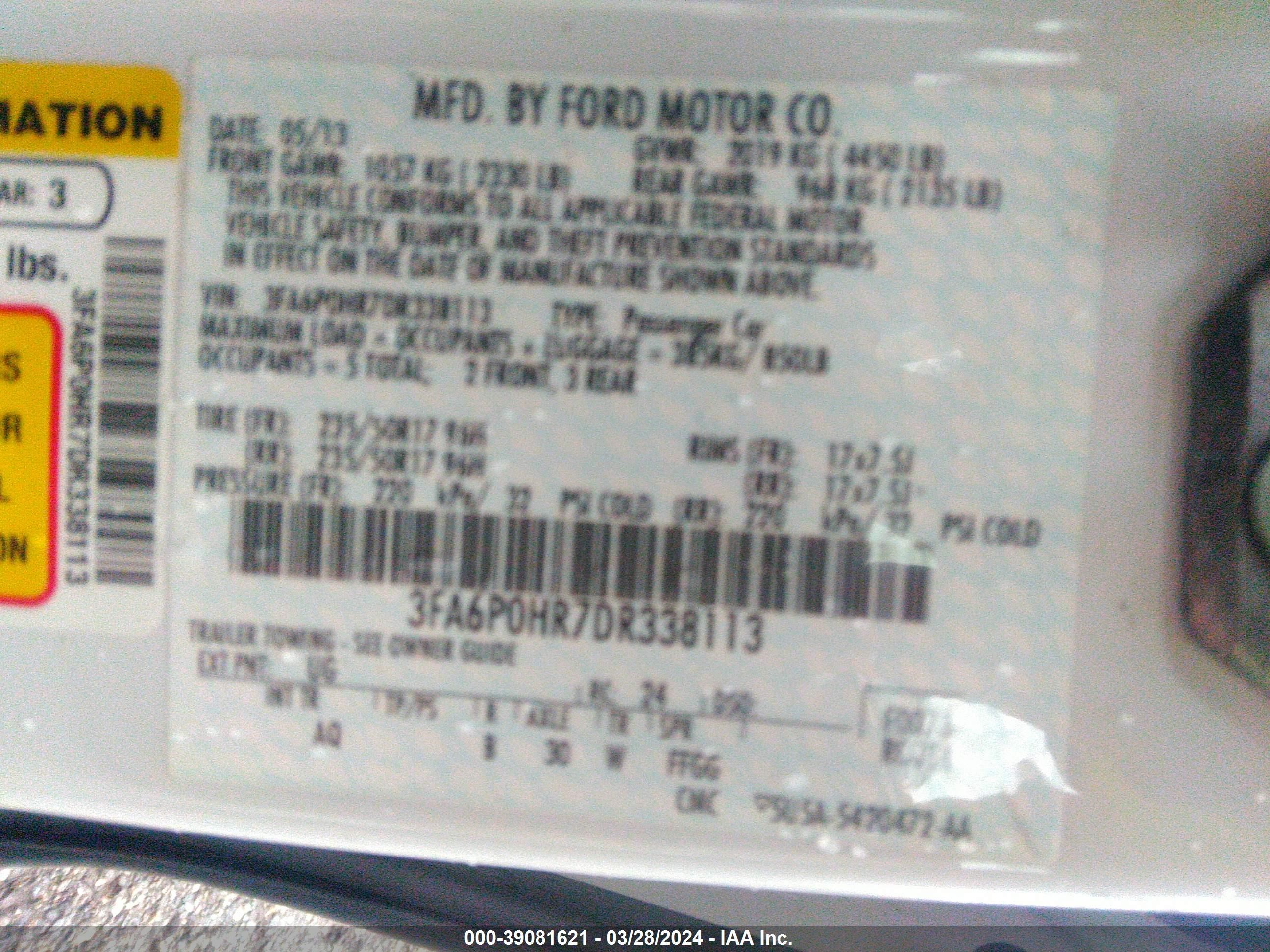 Photo 8 VIN: 3FA6P0HR7DR338113 - FORD FUSION 