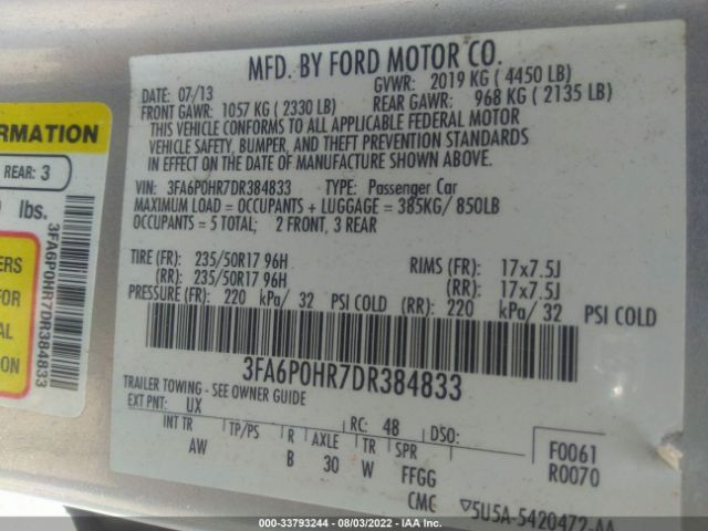 Photo 8 VIN: 3FA6P0HR7DR384833 - FORD FUSION 