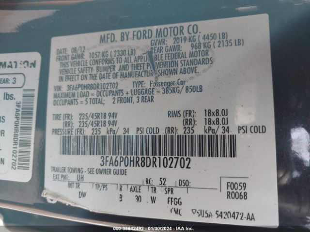 Photo 8 VIN: 3FA6P0HR8DR102702 - FORD FUSION 