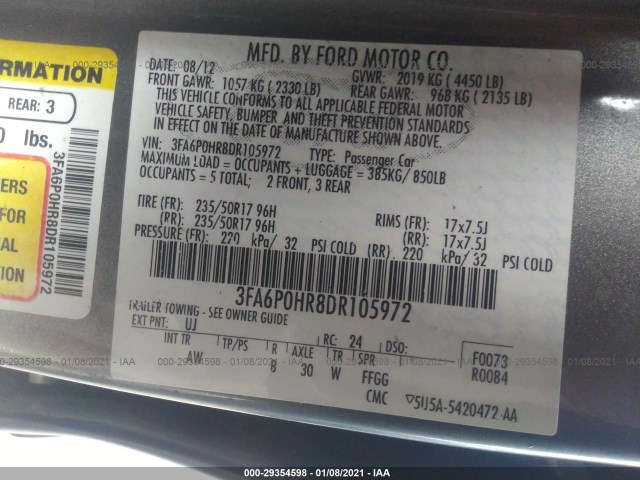 Photo 8 VIN: 3FA6P0HR8DR105972 - FORD FUSION 