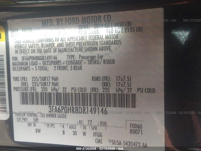 Photo 8 VIN: 3FA6P0HR8DR149146 - FORD FUSION 