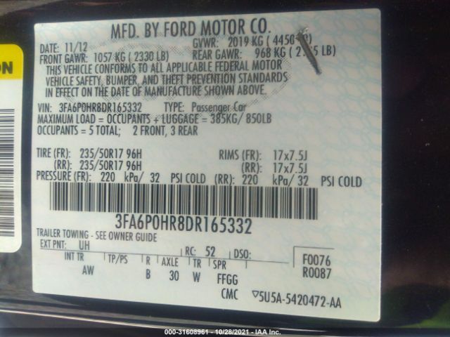 Photo 8 VIN: 3FA6P0HR8DR165332 - FORD FUSION 