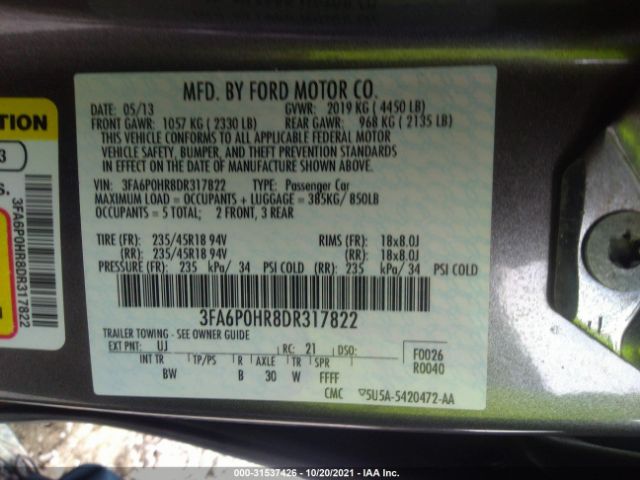 Photo 8 VIN: 3FA6P0HR8DR317822 - FORD FUSION 