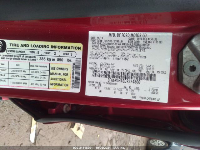 Photo 8 VIN: 3FA6P0HR8DR374800 - FORD FUSION 