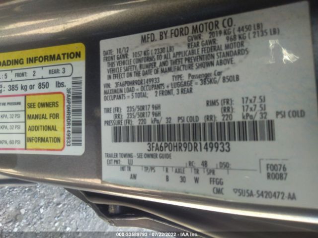 Photo 8 VIN: 3FA6P0HR9DR149933 - FORD FUSION 