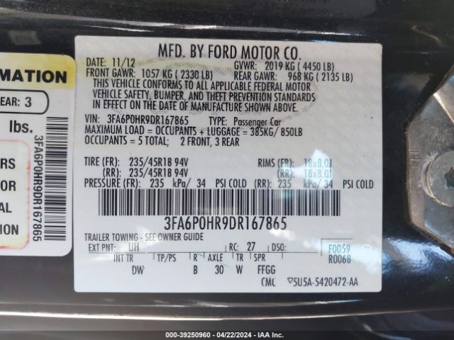 Photo 8 VIN: 3FA6P0HR9DR167865 - FORD FUSION 