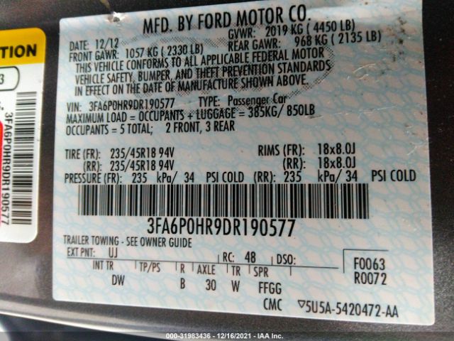 Photo 8 VIN: 3FA6P0HR9DR190577 - FORD FUSION 