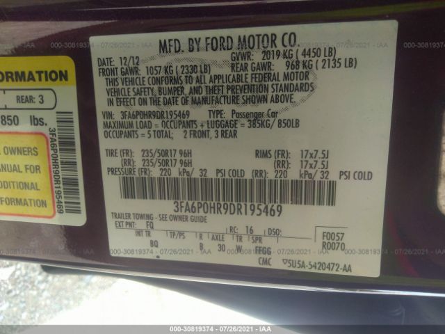 Photo 8 VIN: 3FA6P0HR9DR195469 - FORD FUSION 