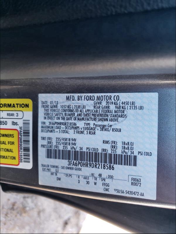 Photo 9 VIN: 3FA6P0HR9DR218586 - FORD FUSION SE 