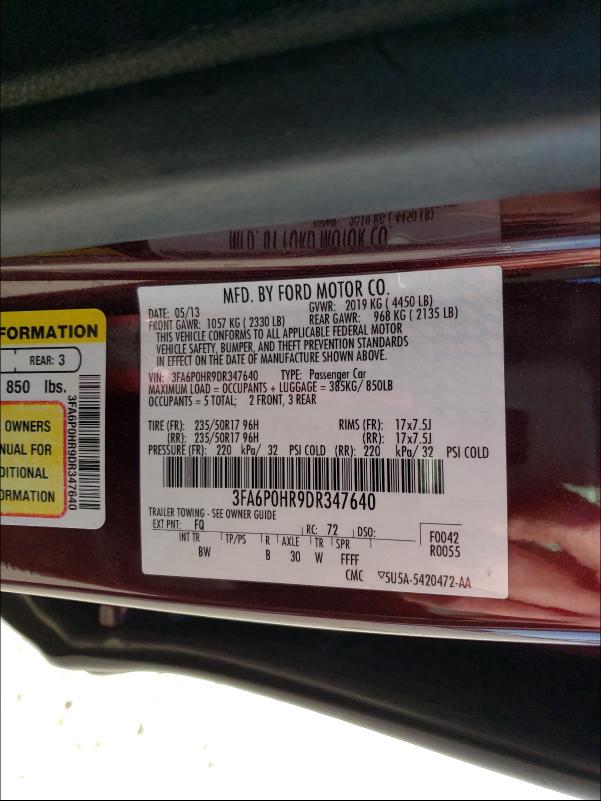 Photo 9 VIN: 3FA6P0HR9DR347640 - FORD FUSION SE 