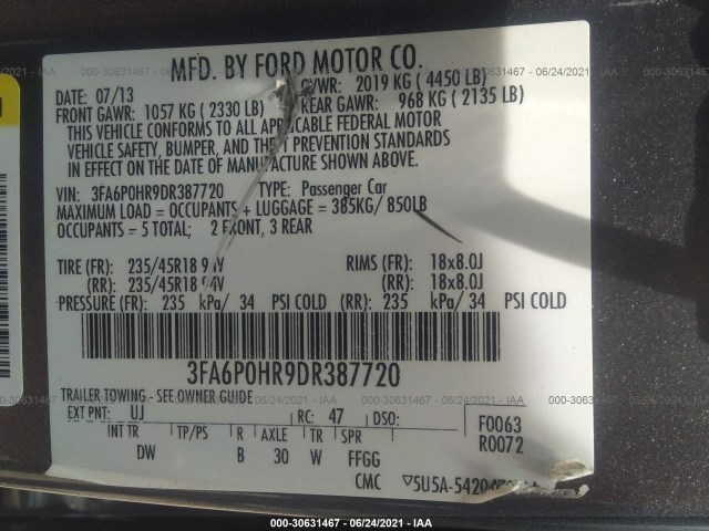 Photo 8 VIN: 3FA6P0HR9DR387720 - FORD FUSION 