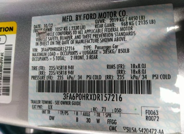 Photo 8 VIN: 3FA6P0HRXDR157216 - FORD FUSION 