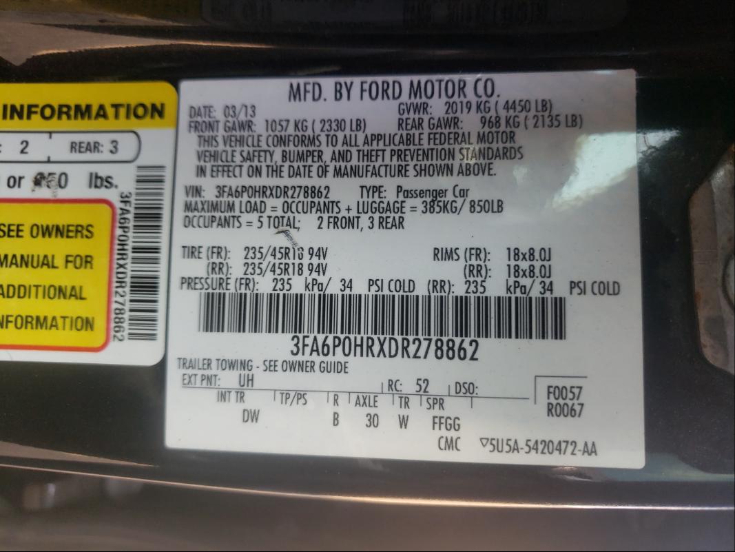 Photo 9 VIN: 3FA6P0HRXDR278862 - FORD FUSION SE 