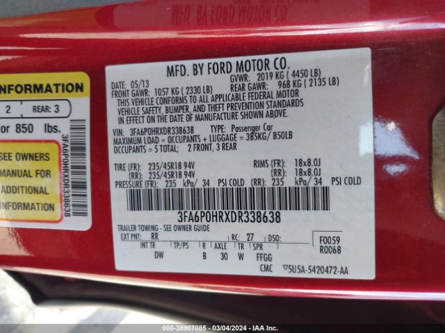 Photo 8 VIN: 3FA6P0HRXDR338638 - FORD FUSION 