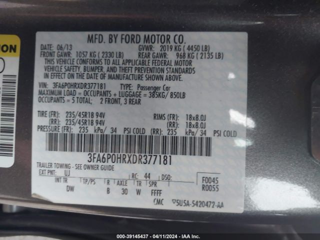 Photo 8 VIN: 3FA6P0HRXDR377181 - FORD FUSION 