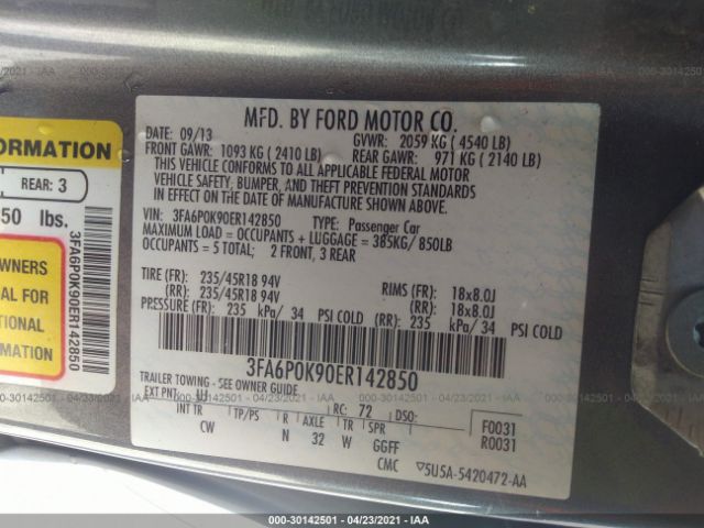 Photo 8 VIN: 3FA6P0K90ER142850 - FORD FUSION 