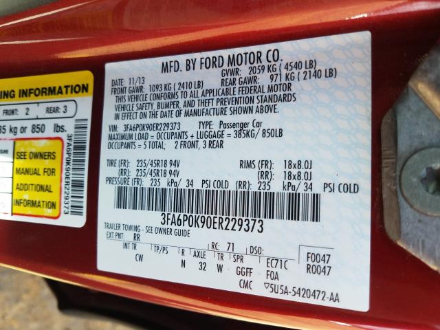 Photo 9 VIN: 3FA6P0K90ER229373 - FORD FUSION TIT 