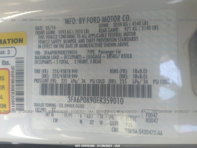 Photo 8 VIN: 3FA6P0K90ER359010 - FORD FUSION 