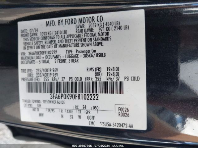 Photo 8 VIN: 3FA6P0K90FR102222 - FORD FUSION 