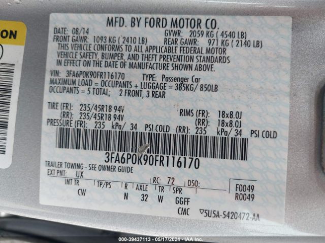 Photo 8 VIN: 3FA6P0K90FR116170 - FORD FUSION 