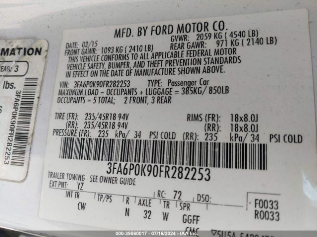 Photo 8 VIN: 3FA6P0K90FR282253 - FORD FUSION 