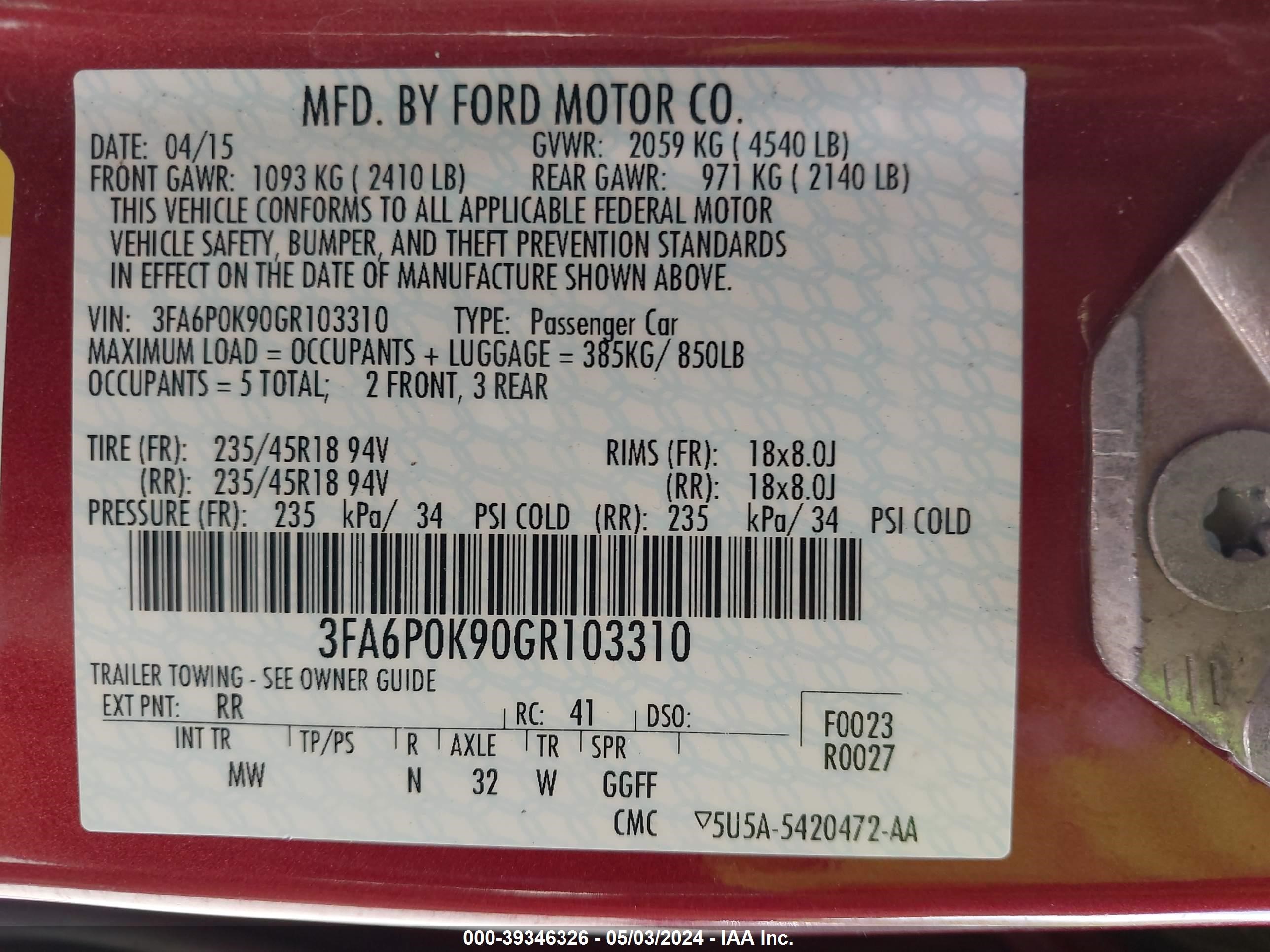 Photo 8 VIN: 3FA6P0K90GR103310 - FORD FUSION 