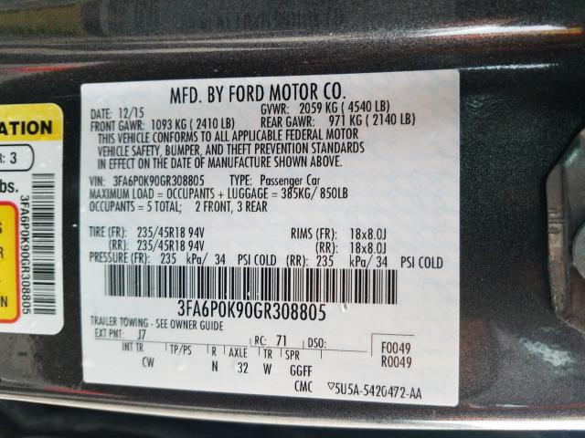 Photo 9 VIN: 3FA6P0K90GR308805 - FORD FUSION TIT 