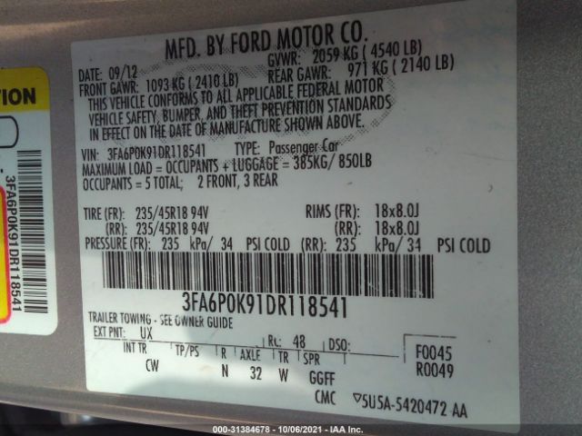 Photo 8 VIN: 3FA6P0K91DR118541 - FORD FUSION 