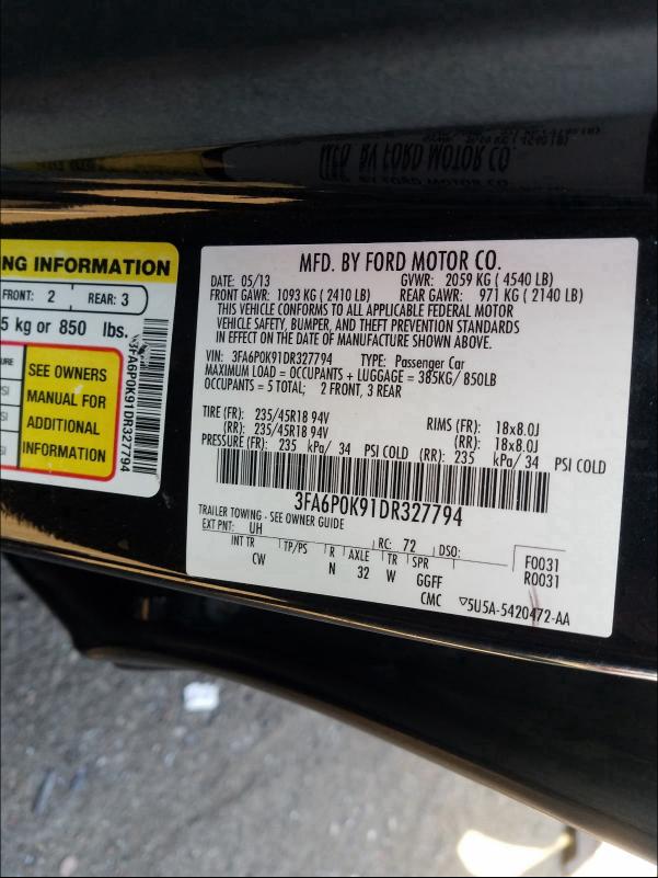 Photo 9 VIN: 3FA6P0K91DR327794 - FORD FUSION TIT 