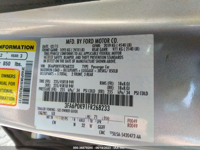 Photo 8 VIN: 3FA6P0K91FR268233 - FORD FUSION 