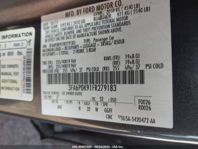 Photo 8 VIN: 3FA6P0K91FR279183 - FORD FUSION 