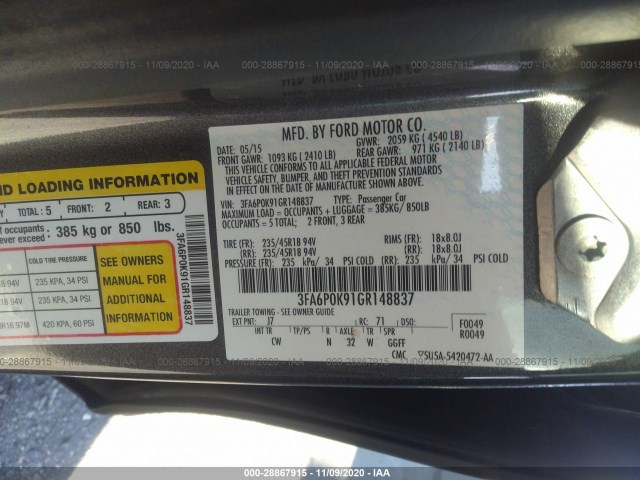 Photo 8 VIN: 3FA6P0K91GR148837 - FORD FUSION 